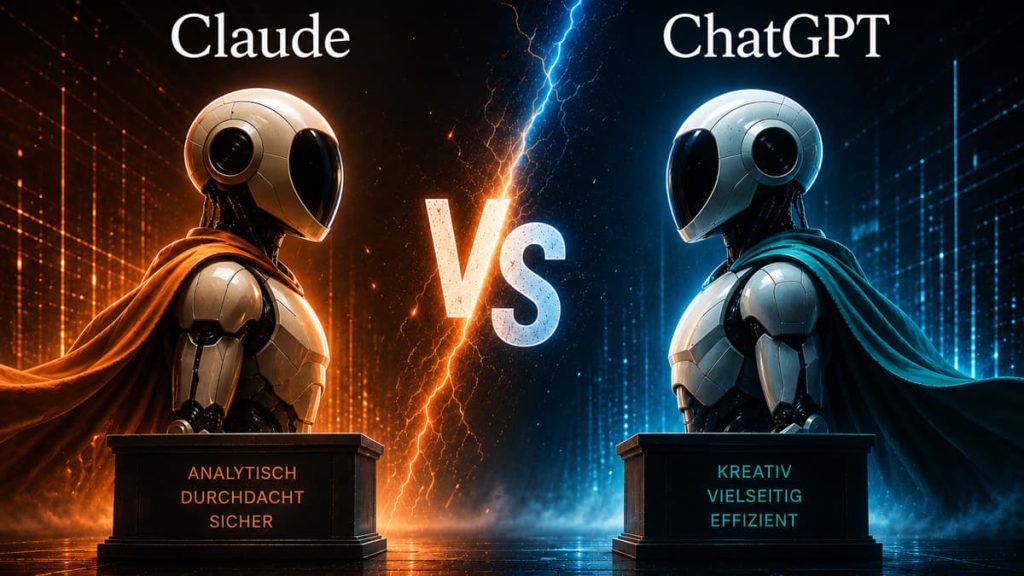 Abstrakte 3D-Darstellung der KI-Tools Claude und ChatGPT auf beleuchteten Podesten, symbolisch für den direkten Vergleich im Marketing.