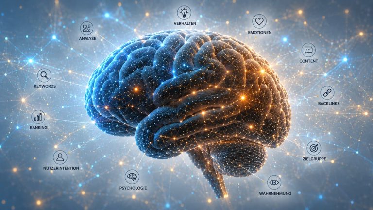 Ein leuchtendes Gehirn mit Knotenpunkten, das die Verbindung von SEO-Psychologie, Nutzerverhalten und emotionalen Triggern im Marketing symbolisiert.